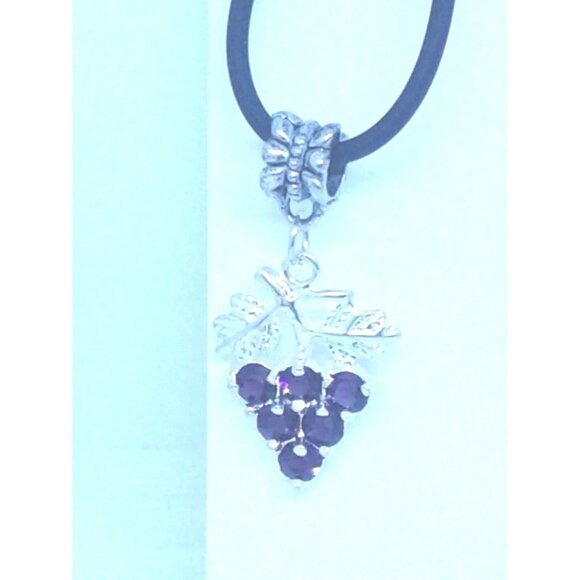 Necklace Purple Crystal Grape Cluster Leaves Vines 1" Long Chain Leather Cord - Picture 1 of 3